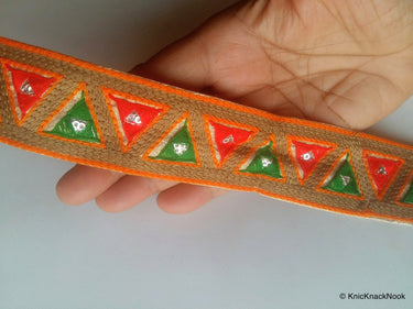 Wholesale Gold Fabric Trim With Green and Orange Triangle Embroidery, Embroidered Trim, 9 Yards